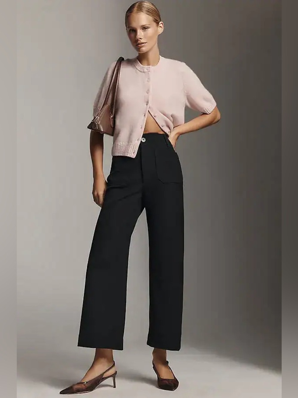 Maeve Colette Pants Wide Leg Crop High Waist Black Twill Patch Pockets Size 30